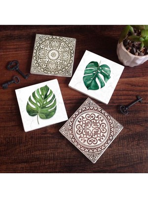 Aesco Pinecone Stone Etnik Desen, Yaprak Taş Bardak Altlığı Seti - 4 Parça - Dekoratif, Rustik Mutfak Aksesuarı, 10X10 Cm, Kaydırmaz Tabanlı, Şık ve Dayanıklı SC423
