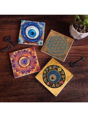 Aesco Pinecone Stone Nazar, Yaşam Çiçeği, Mandala Taş Bardak Altlığı Seti - 4 Parça - Dekoratif, Rustik Mutfak Aksesuarı, 10X10 Cm, Kaydırmaz Tabanlı, Şık ve Dayanıklı SC479