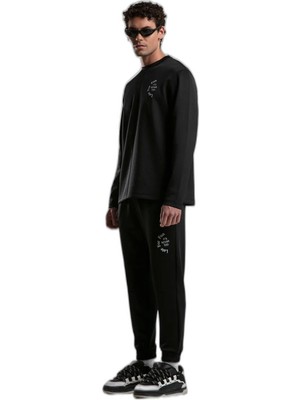 Aesco Benmanaj Erkek Siyah Jogger Pantolon, Regular Fit, Baskılı, S Beden