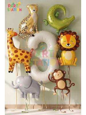 Aesco Safari Konsept Doğum Günü Süsleme Seti 2 Yaş Rakam Balon 7 Parça Dev Boy Balon Set