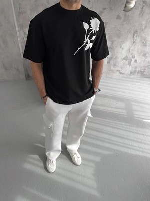 Fantastik Store Erkek Kısa Kol Tişört Bisiklet Yaka Gül Baskılı Oversize T-Shirt - Siyah