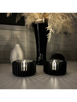 Ulu Pazarlama 3D Baskı Modern Çizgili Mumluk - Tealight Mumluk (1 Adet)-Siyah