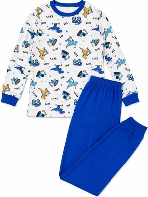 Fantastik Store Erkek Çocuk Premium Penye Dinozor Desenli Uzun Kollu Pijama Takımı 2-11 Yaş - Mavi