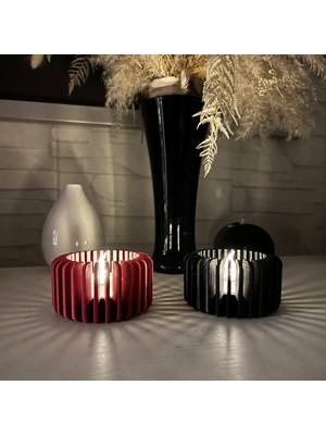 Ulu Pazarlama 3D Baskı Modern Çizgili Mumluk - Tealight Mumluk (1 Adet)-Kırmızı