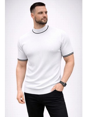 Fantastik Store Erkek Fitilli Triko Dokuma Kısa Kol Tişört Yarım Boğaz Modern Yazlık T-Shirt - Beyaz