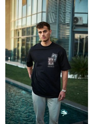 Fantastik Store Erkek Kısa Kol Yazlık Tişört Bisiklet Yaka Baskılı Oversize T-Shirt - Siyah