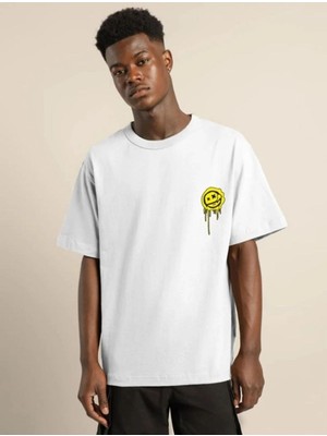 Fantastik Store Erkek Kısa Kol Yazlık Tişört Bisiklet Yaka Baskılı Oversize T-Shirt - Beyaz