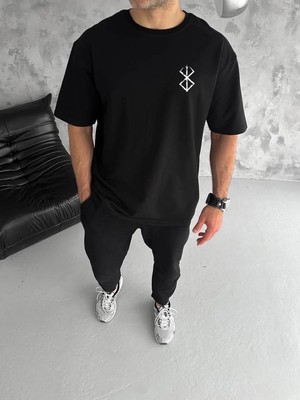 Fantastik Store Erkek Kısa Kol Yazlık Tişört Bisiklet Yaka Baskılı Oversize T-Shirt - Siyah