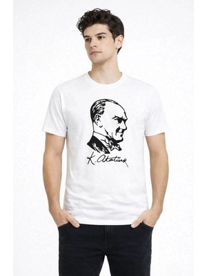 Fantastik Store Erkek Atatürk Baskılı Tişört Kısa Kollu Bisiklet Yaka T-Shirt - Beyaz