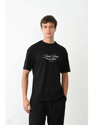 Fantastik Store Erkek Kısa Kol Yazlık Tişört Bisiklet Yaka Baskılı Oversize T-Shirt - Siyah
