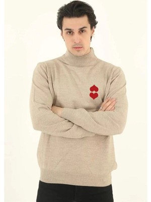 Fantastik Store Erkek Yarım Bağazlı Kazak Baskılı Dokuma Triko - Bej