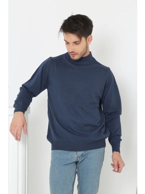 Fantastik Store Erkek Yarım Boğaz Triko Yumuşak Ince Dokulu Pamuklu Uzun Kollu Kazak - Indigo