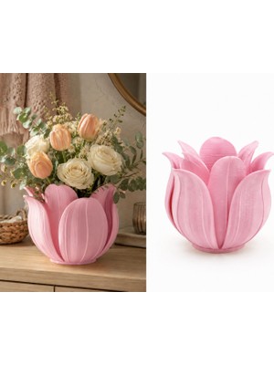 3D Baskı Lotus Yapraklı Vazo - Dekoratif Çiçeklik-Pembe