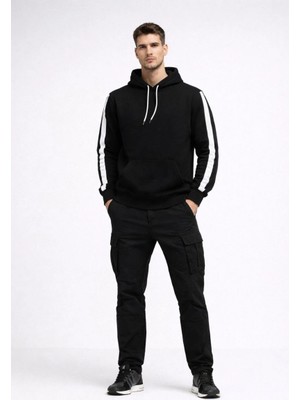 Fantastik Store Erkek Şeritli Kapüşonlu Sweatshirt Oversize 3 Iplik Pamuklu Hoodie - Siyah