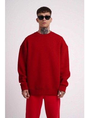 Fantastik Store Erkek Biskilet Yaka Üç Iplik Sweatshirt - Kırmızı