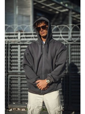 Fantastik Store Erkek Tam Fermuarlı Cepli Kapüşonlu 3 Iplik Pamuklu Hoodie Sweatshirt - Füme