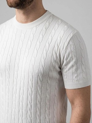 Fantastik Store Erkek Yazlık Triko Dokuma Tişört Kısa Kol Bisiklet Yaka Örgü Desenli T-Shirt - Beyaz