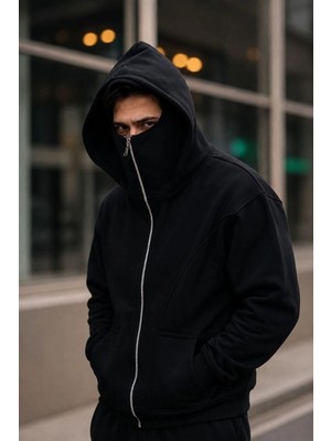 Fantastik Store Erkek Maskeli Ninja Model Çift Kapüşonlu 3 Iplik Şardonlu Fermuarlı Sweatshirt - Siyah