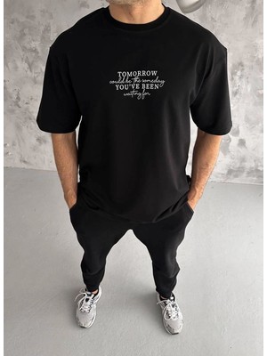 Fantastik Store Erkek Kısa Kol Yazlık Tişört Bisiklet Yaka Baskılı Oversize T-Shirt - Siyah