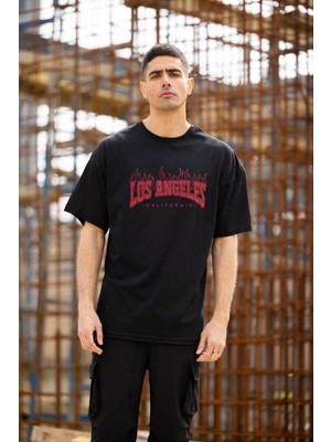 Fantastik Store Erkek Kısa Kol Tişört Bisiklet Yaka Los Angeles  Baskılı T-Shirt - Siyah