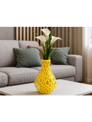 Cotton Soft 3D Baskı Petek Dokulu Vazo - Delikli Dekoratif Vazo-Sarı