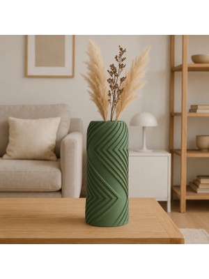 Cotton Soft 3D Baskı Vector Vazo - Geometrik Çizgili Dekoratif Vazo-Yeşil