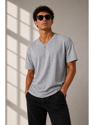 Fantastik Store Erkek V Yaka Basic Tişört Kısa Kol Yazlık Regular Fit T-Shirt - Gri