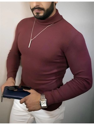 Fantastik Store Erkek Kaşkorse Boğazlı Full Likralı Fitilli Body Kazak - Bordo