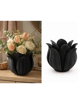 Cotton Soft 3D Baskı Lotus Yapraklı Vazo - Dekoratif Çiçeklik-Siyah