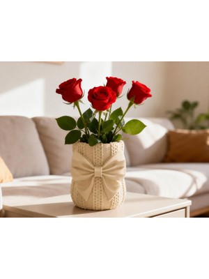 Cotton Soft 3D Baskı Fiyonklu Örgü Vazo - Dekoratif Çiçeklik-Bej