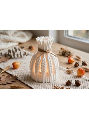 Cotton Soft 3D Baskı Buğday Demeti Tealight Mumluk Jüt Ipli Dekoratif Sonbahar Hasat Feneri Şamdan Masa Süsü