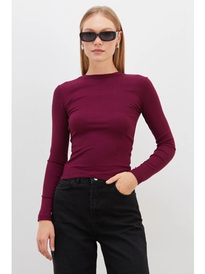 FullaModa Basic Bisiklet Yaka Slim Fit Crop Bluz