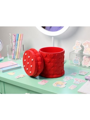 3D Baskı Kabartma Kalp Desenli Kapaklı Kalemlik - Masaüstü Organizer - Kırmızı