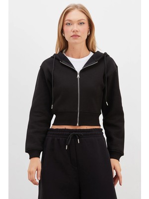 FullaModa 3 Iplik Basic Kapüşonlu Fermuarlı Sweatshirt