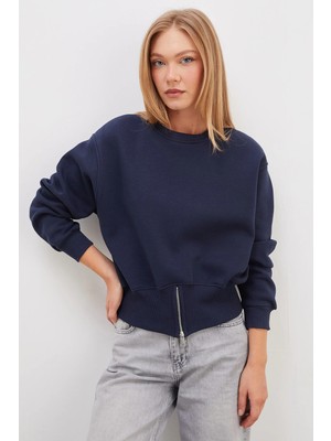 FullaModa 3 Iplik Eteği Fermuarlı Bisiklet Yaka Crop Sweatshirt