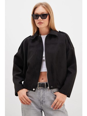 FullaModa Fermuarlı Polo Yaka Süet Bomber Ceket