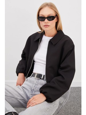 FullaModa Fermuarlı Polo Yaka Bomber Ceket