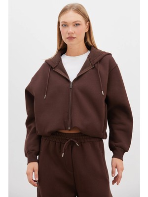 FullaModa 3 Iplik Fermuarlı Kapüşonlu Yarasa Kol Crop Sweatshirt