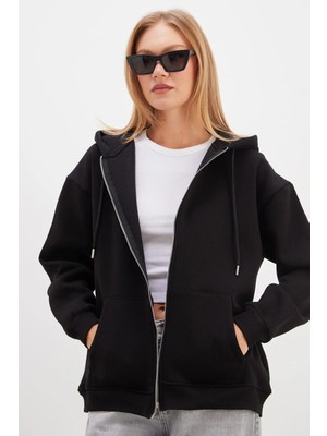 FullaModa 3 Iplik Basic Fermuarlı Kapüşonlu Oversize Sweatshirt