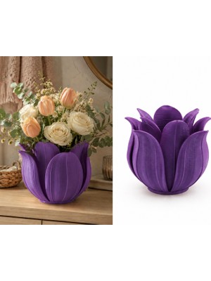 3D Baskı Lotus Yapraklı Vazo - Dekoratif Çiçeklik-Mor