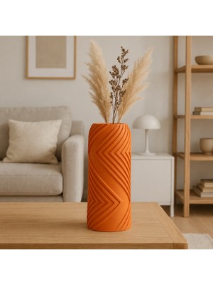 Bezos 3D Baskı Vector Vazo - Geometrik Çizgili Dekoratif Vazo-Turuncu