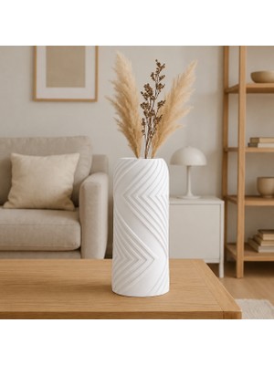 Bezos 3D Baskı Vector Vazo - Geometrik Çizgili Dekoratif Vazo-Beyaz
