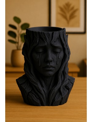 Belirtilmemiş 3D Baskı Ağlayan Kadın Büst Saksı - Sanatsal Dekoratif Saksı - Siyah