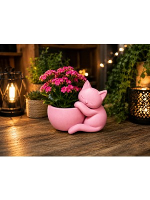 Belirtilmemiş 3D Baskı Sarılan Kedi Saksı - Sevimli Dekoratif Saksı - Pembe