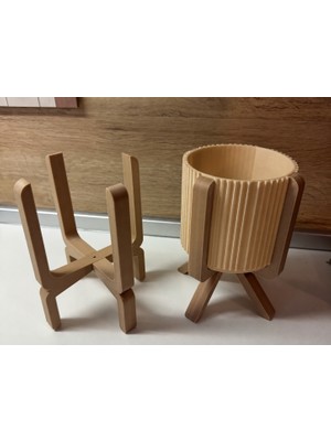 Belirtilmemiş 3D Baskı Ayaklı Çizgili Saksı - Bej Standlı Dekoratif Saksı - Bej
