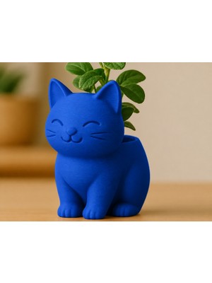 Belirtilmemiş 3D Baskı Sevimli Kedi Saksı - Figürlü Sukulent Saksısı-Mavi