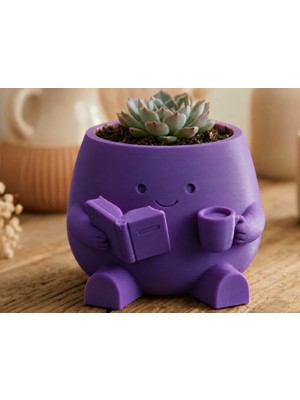 Belirtilmemiş 3D Baskı Kitap Okuyan Saksı - Kupa Tutan Sevimli Saksı-Mor