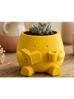 Belirtilmemiş 3D Baskı Kitap Okuyan Saksı - Kupa Tutan Sevimli Saksı-Sarı