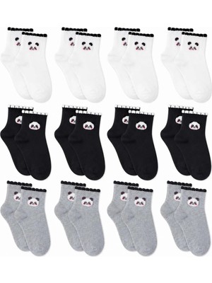 Belirtilmemiş Kadın Panda Desenli Kısa Konç Çorap 12'li Paket, %80 Pamuklu Dikişsiz Burun, Nefes Alan Yumuşak Bil