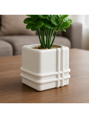 Belirtilmemiş 3D Baskı Square Planter - Izgara Desenli Küp Saksı-Beyaz